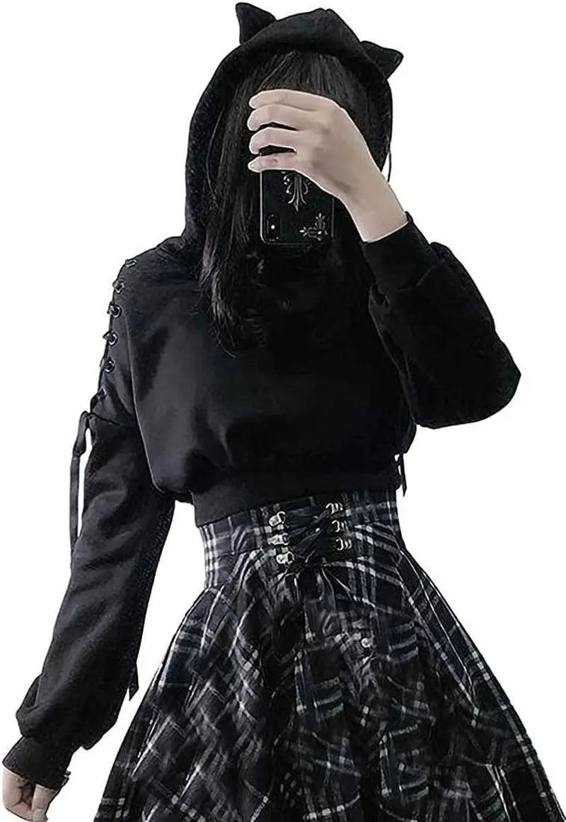 Cute Cat Ear Hoodie, Off-Shoulder Black Punk Crop Pullover clothing - Tophatter Daily Deals