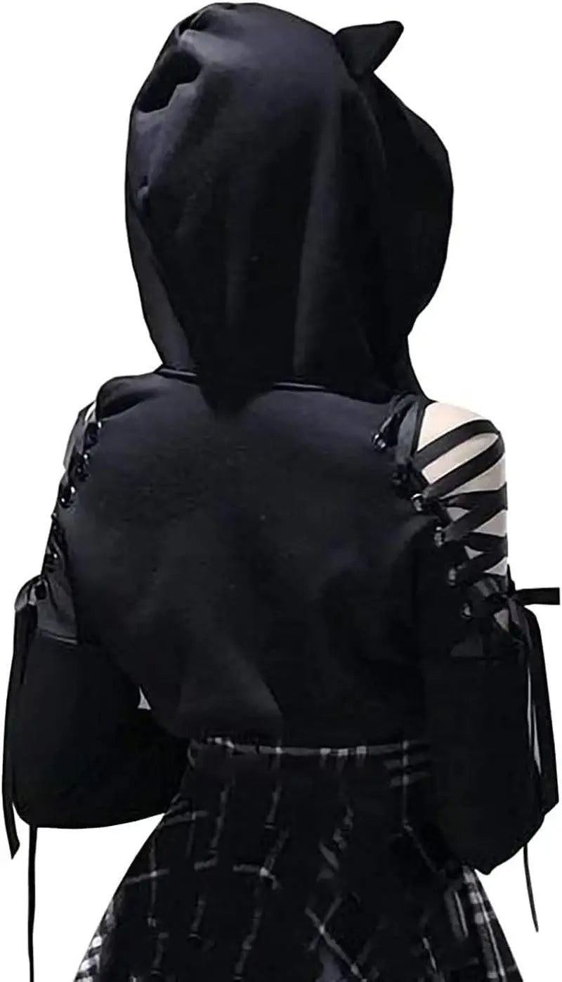 Cute Cat Ear Hoodie, Off-Shoulder Black Punk Crop Pullover clothing - Tophatter Daily Deals