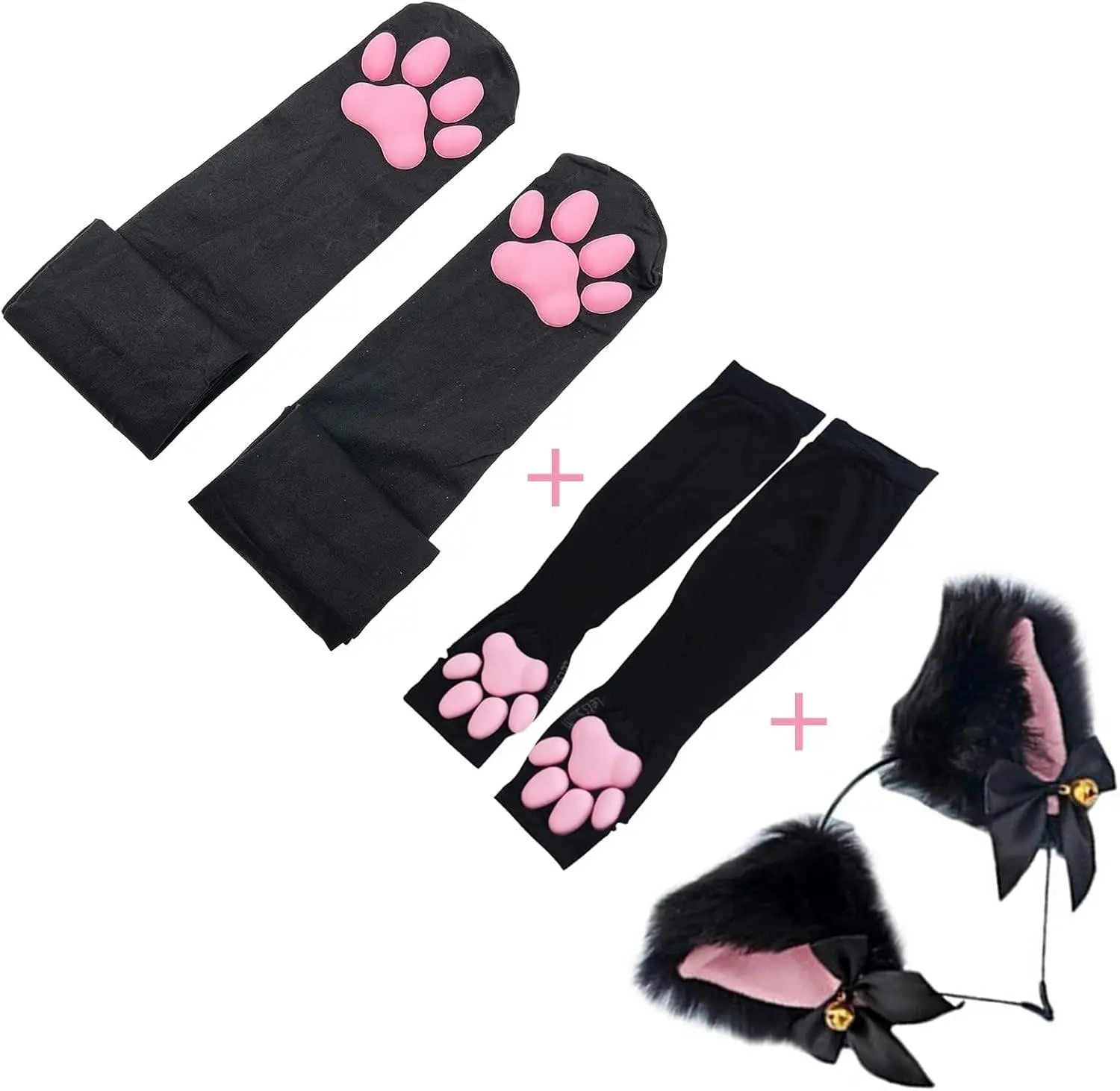 Cute Cat Paw Thigh-High Cosplay Socks with Pink 3D Kitten Claw Fingerless Gloves for Girls and Women. - Tophatter Daily Deals