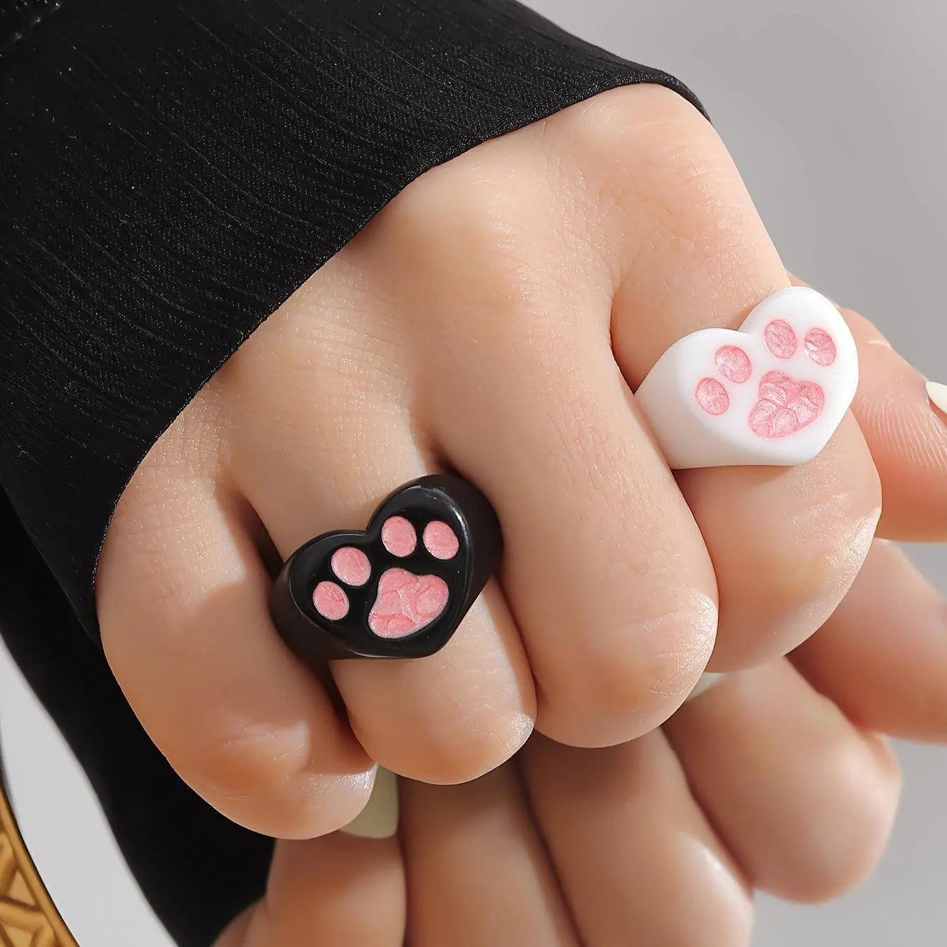 Cute Y2K Style Resin Cat Paw Heart Open Ring Set - No Plating, Adjustable Size, Perfect for Party and Music Festivals - 2 Piece Set - Tophatter Daily Deals