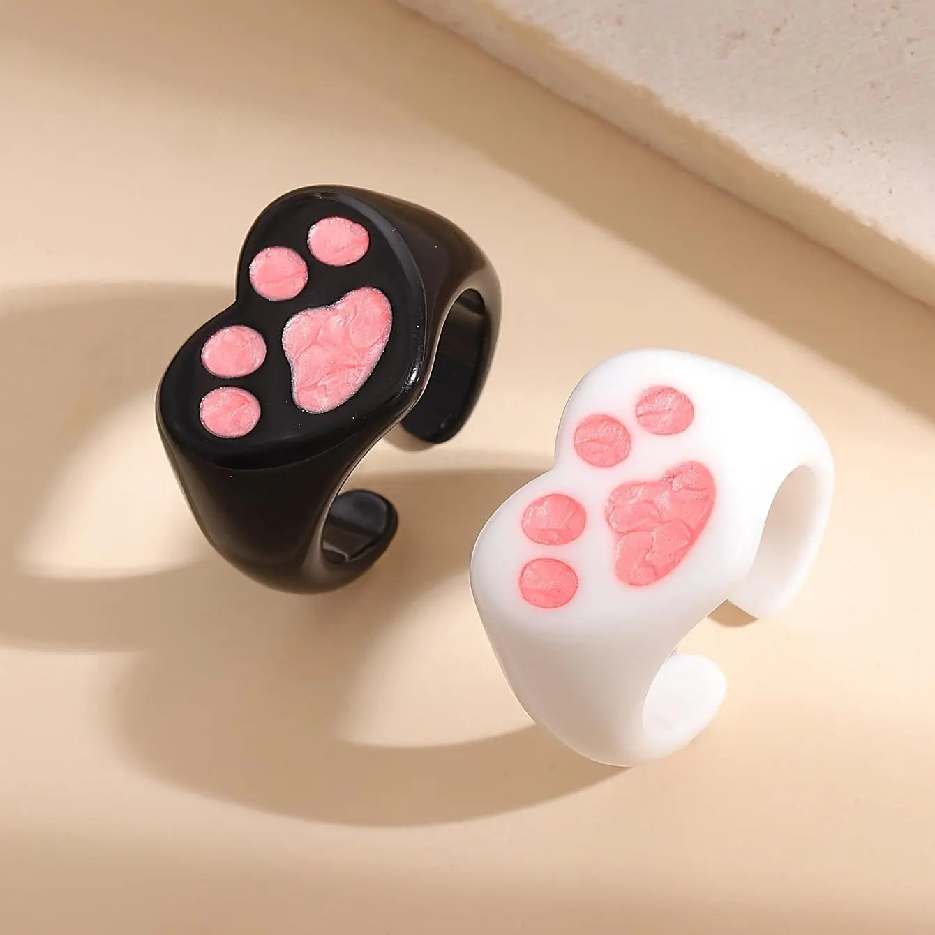 Cute Y2K Style Resin Cat Paw Heart Open Ring Set - No Plating, Adjustable Size, Perfect for Party and Music Festivals - 2 Piece Set - Tophatter Daily Deals
