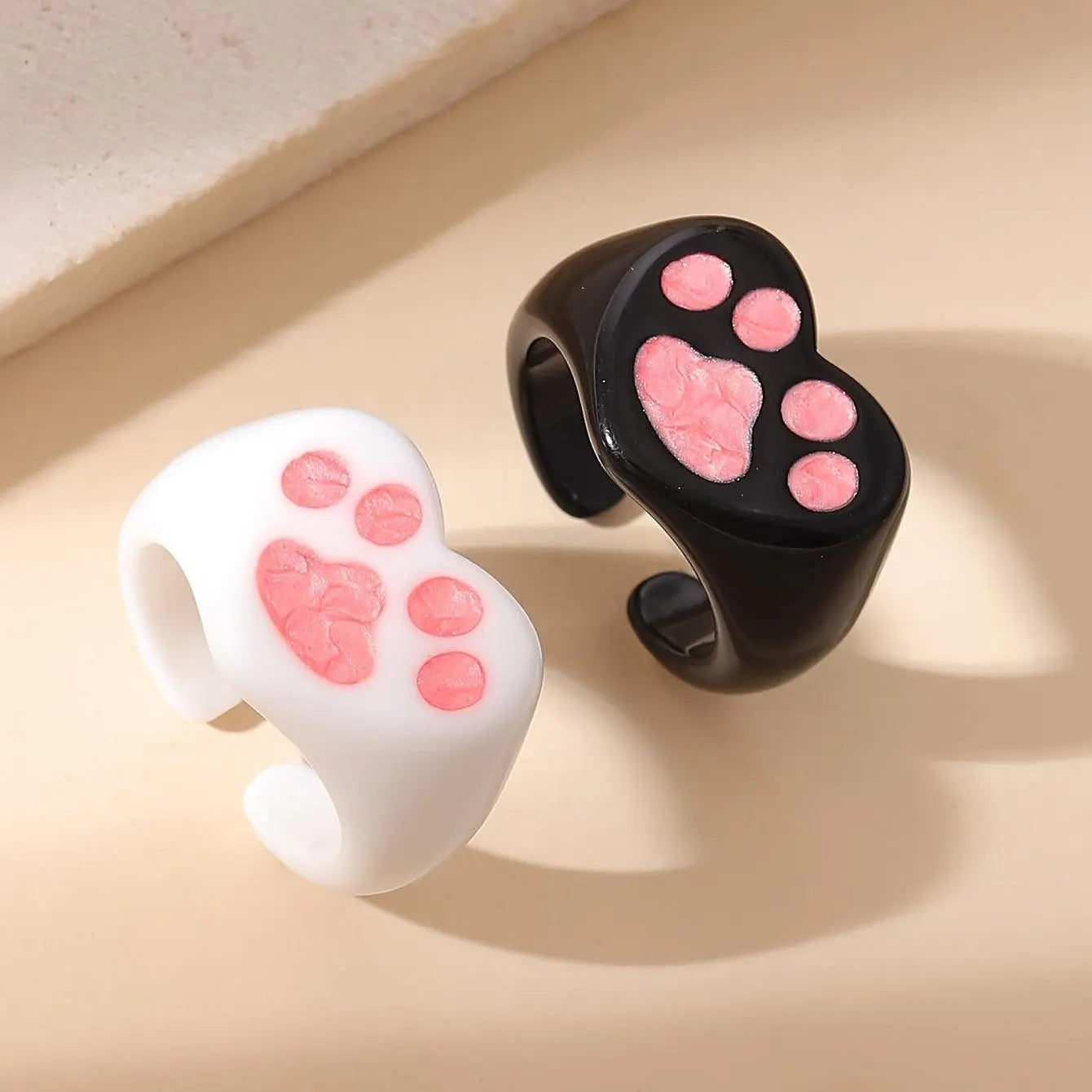 Cute Y2K Style Resin Cat Paw Heart Open Ring Set - No Plating, Adjustable Size, Perfect for Party and Music Festivals - 2 Piece Set Polychrome One Size Fits All - Tophatter Daily Deals