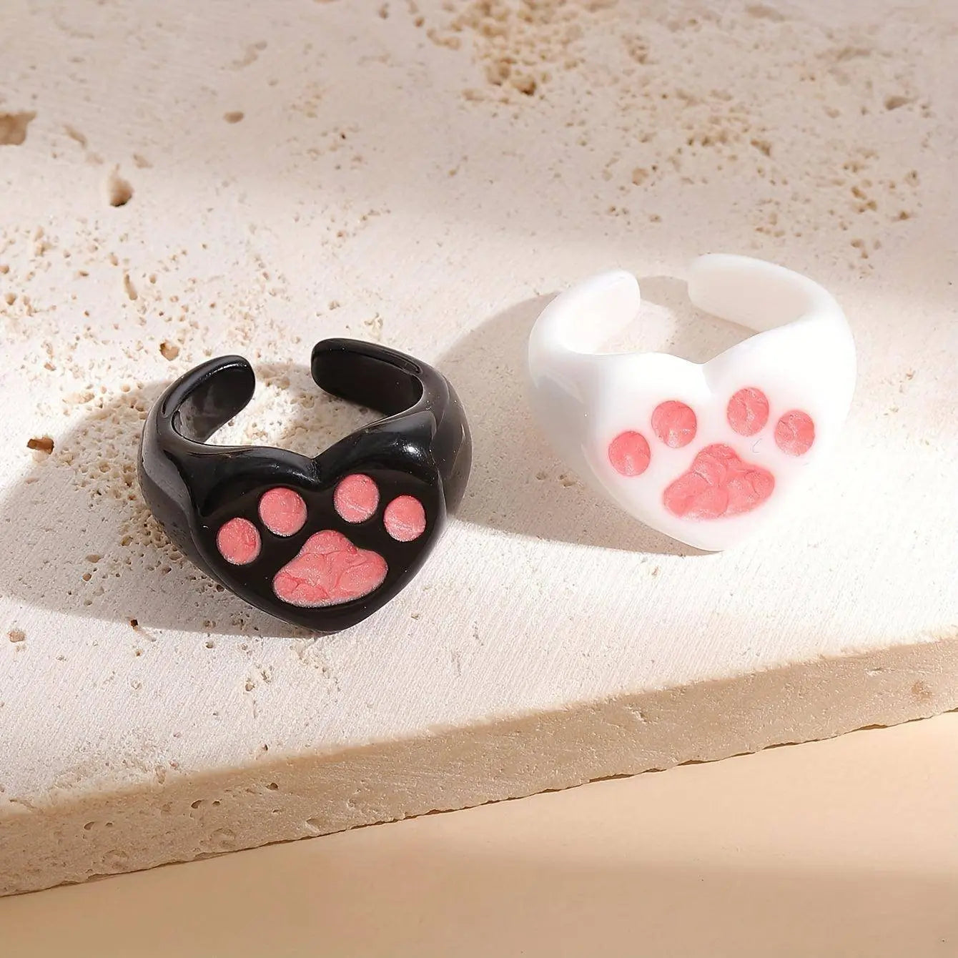 Cute Y2K Style Resin Cat Paw Heart Open Ring Set - No Plating, Adjustable Size, Perfect for Party and Music Festivals - 2 Piece Set - Tophatter Daily Deals