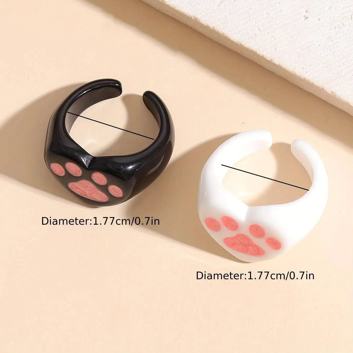Cute Y2K Style Resin Cat Paw Heart Open Ring Set - No Plating, Adjustable Size, Perfect for Party and Music Festivals - 2 Piece Set - Tophatter Daily Deals