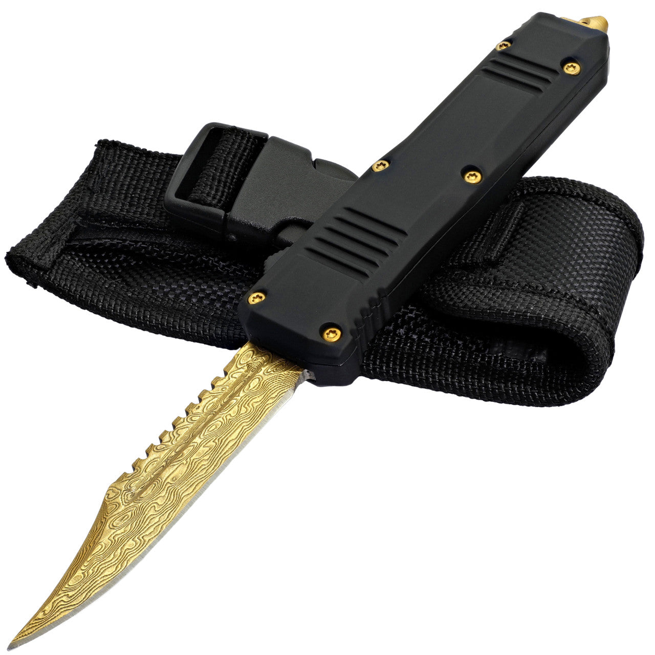 7" Evident Style Gold Damascus Steel Clip Point Out the Front OTF Knife - TOPHATTER'S ARMORY DEALS Collectible Weapons - Tophatter Daily Deals