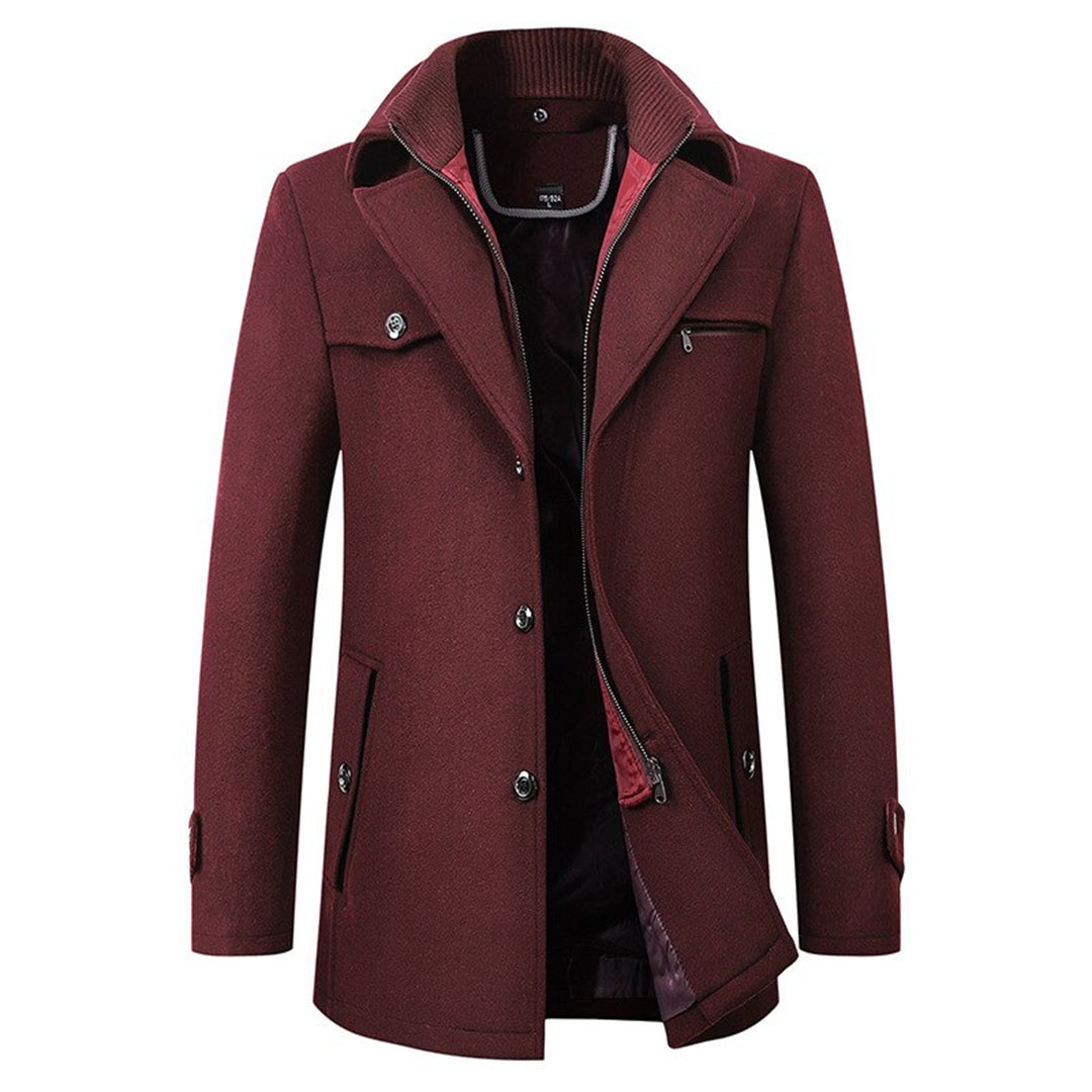 Warm Men's Coat - Tailored Mid Thigh, Wool Blend, Commuting Burgundy - Tophatter Daily Deals