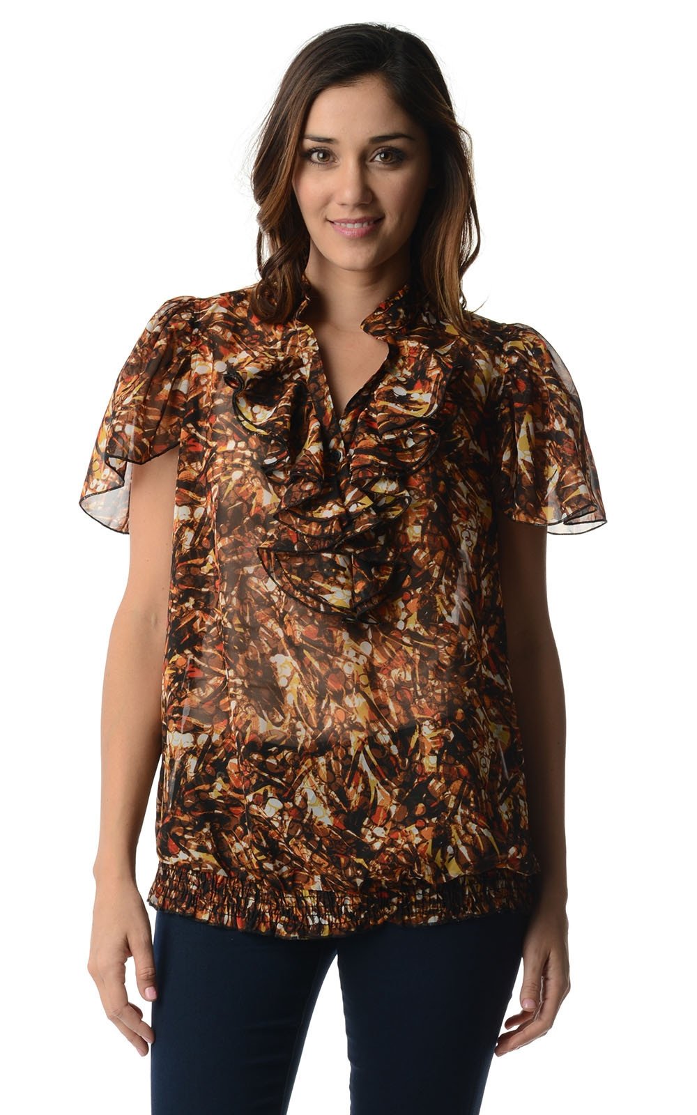 Women's Printed Chiffon Smocked Waist Ruffle Top Brown Orange Rust Tops - Tophatter Daily Deals
