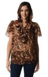 Women's Printed Chiffon Smocked Waist Ruffle Top Brown Orange Rust Tops - Tophatter Daily Deals