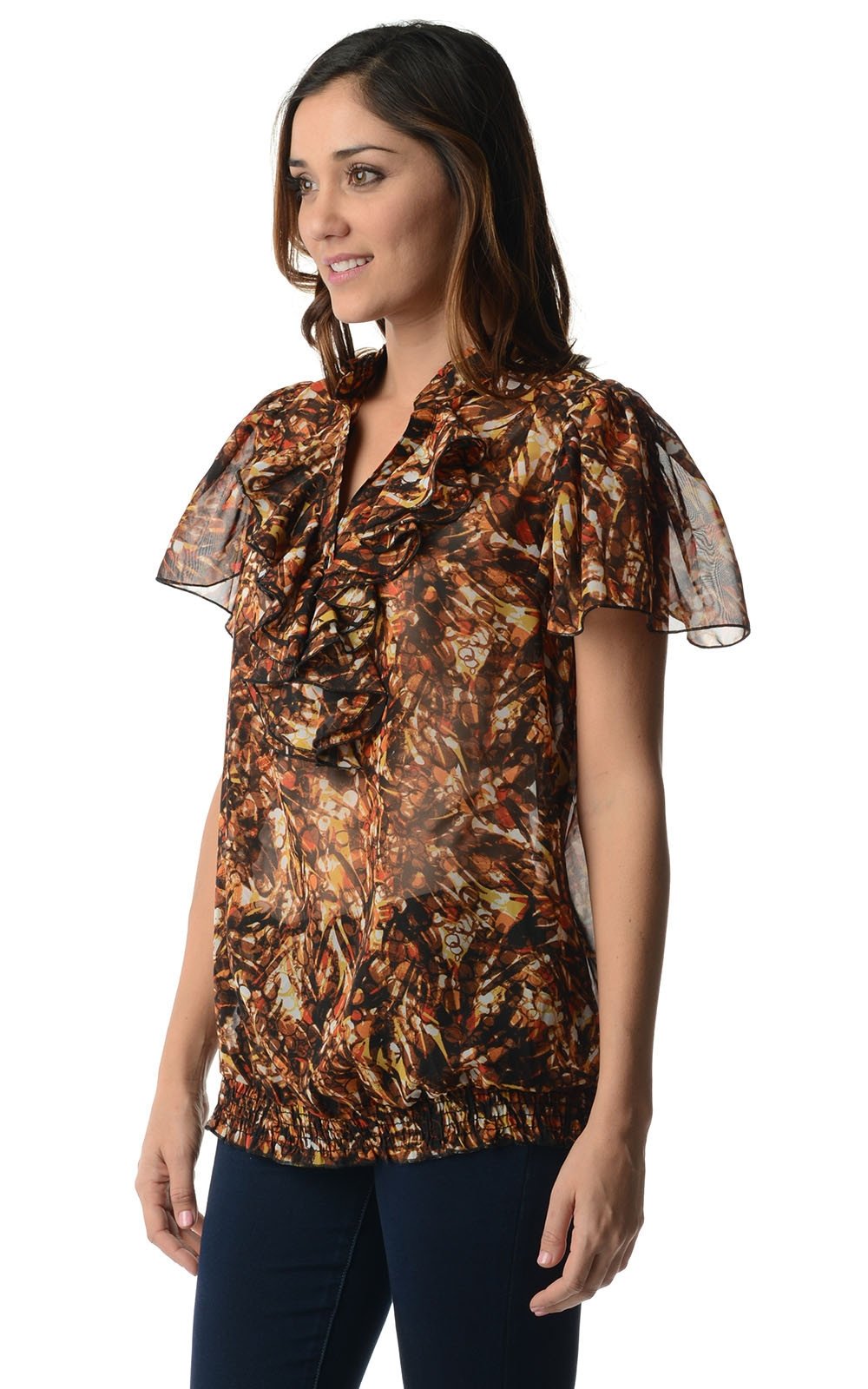 Women's Printed Chiffon Smocked Waist Ruffle Top Tops - Tophatter Daily Deals