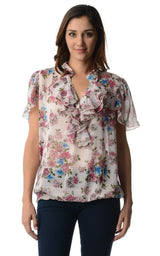 Women's Printed Chiffon Smocked Waist Ruffle Top Pink Sky Fuchsia Tops - Tophatter Daily Deals