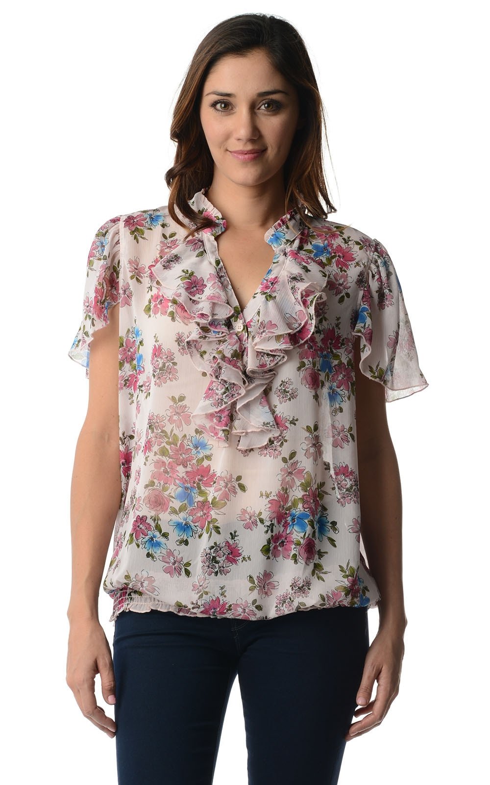 Women's Printed Chiffon Smocked Waist Ruffle Top Pink Sky Fuchsia Tops - Tophatter Daily Deals