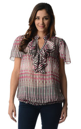 Women's Printed Chiffon Smocked Waist Ruffle Top Pink White Black Tops - Tophatter Daily Deals