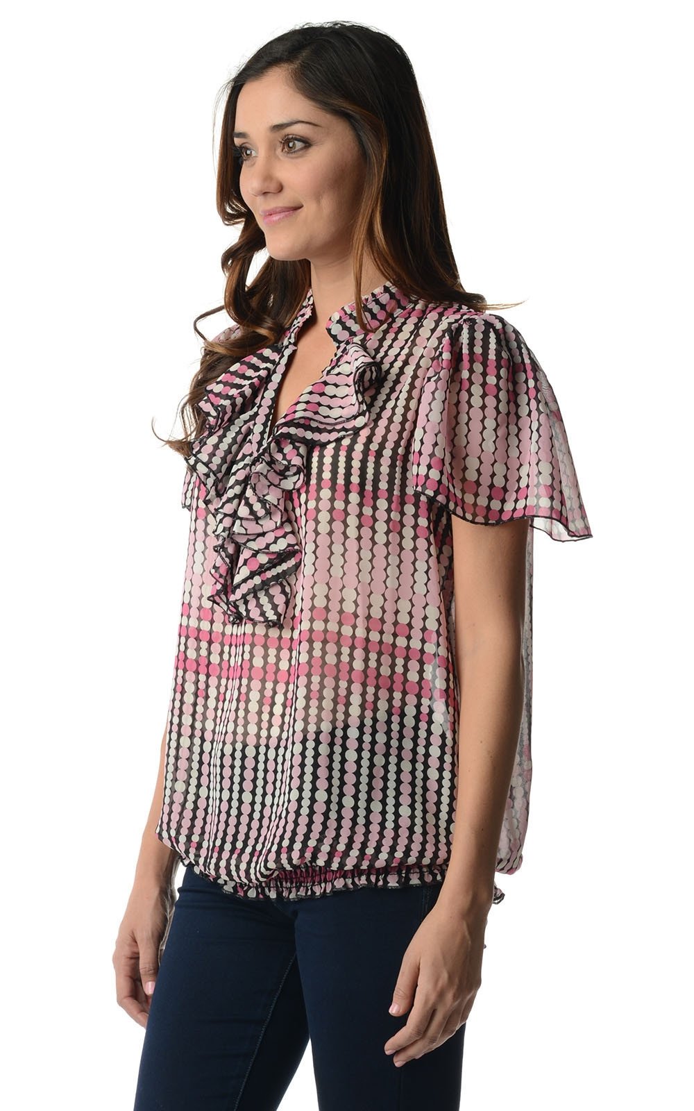 Women's Printed Chiffon Smocked Waist Ruffle Top Tops - Tophatter Daily Deals