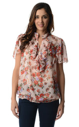 Women's Printed Chiffon Smocked Waist Ruffle Top Red Violet Rust Tops - Tophatter Daily Deals