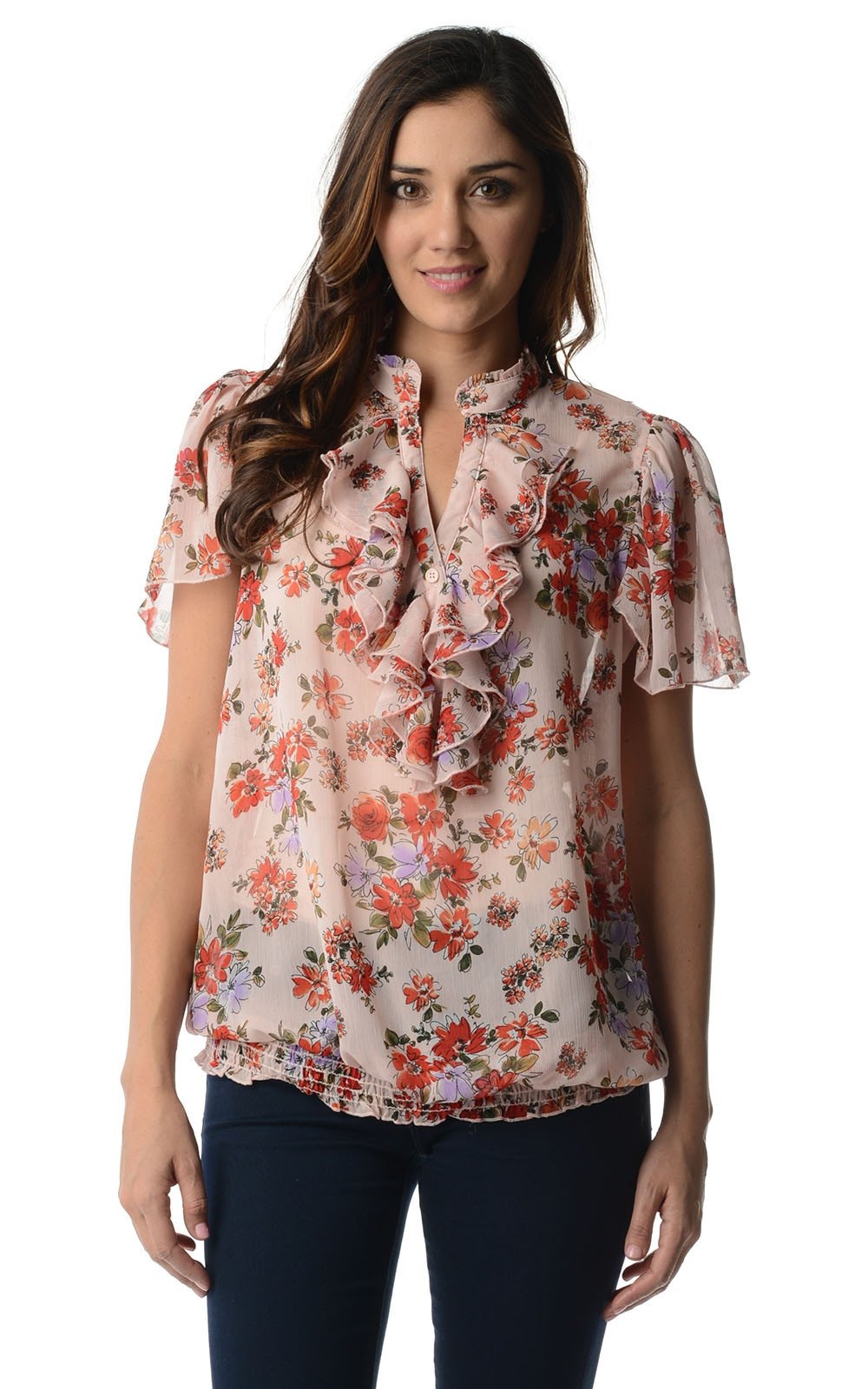 Women's Printed Chiffon Smocked Waist Ruffle Top Red Violet Rust Tops - Tophatter Daily Deals