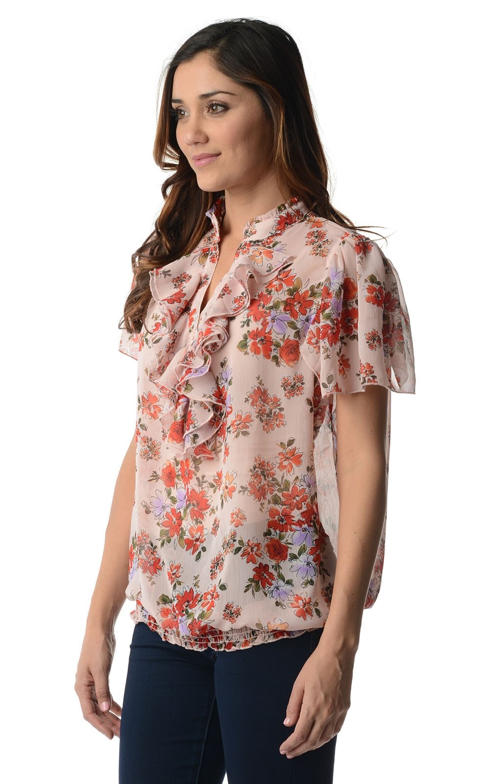 Women's Printed Chiffon Smocked Waist Ruffle Top Tops - Tophatter Daily Deals