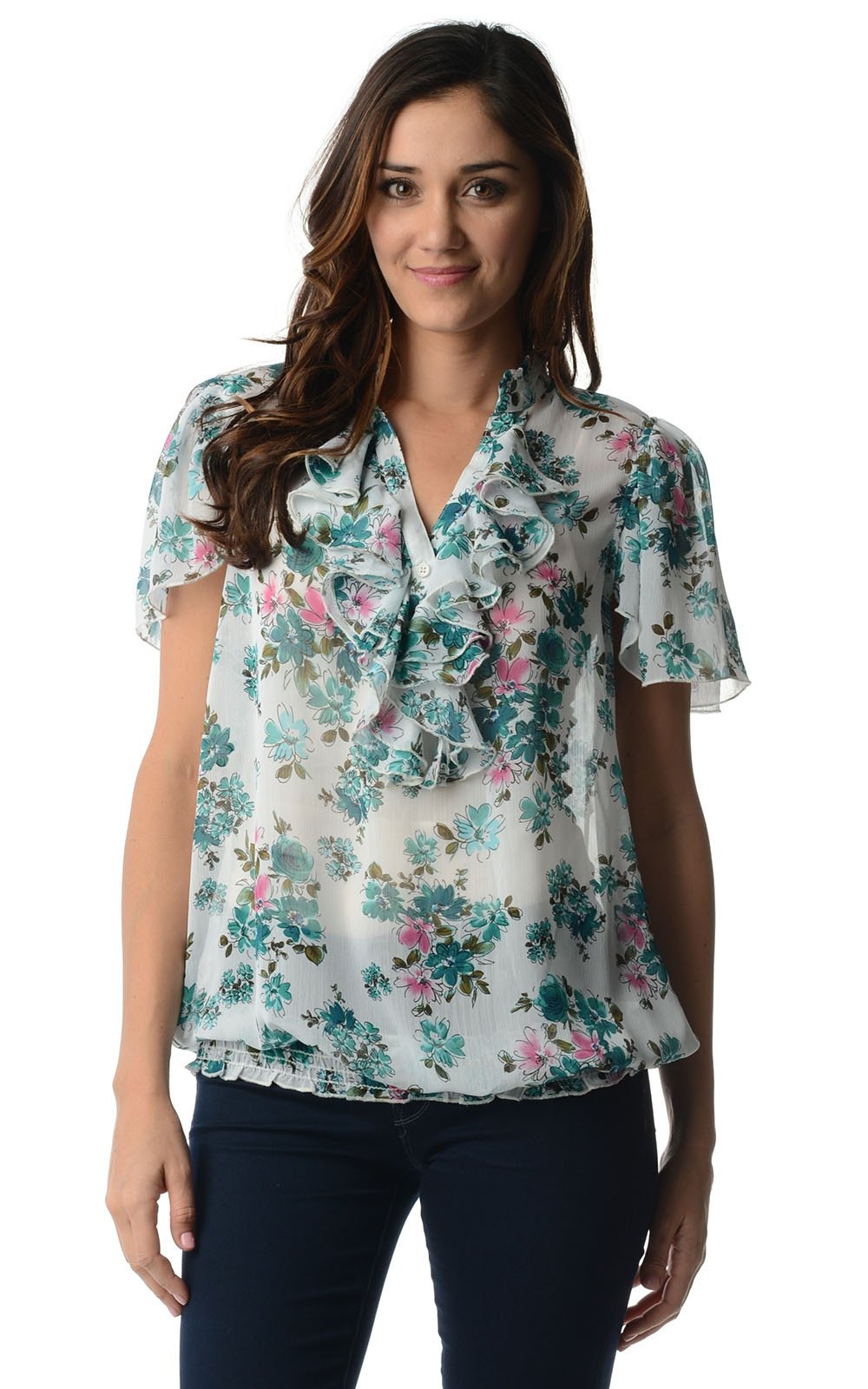 Women's Printed Chiffon Smocked Waist Ruffle Top Turquoise Aqua Magenta Tops - Tophatter Daily Deals