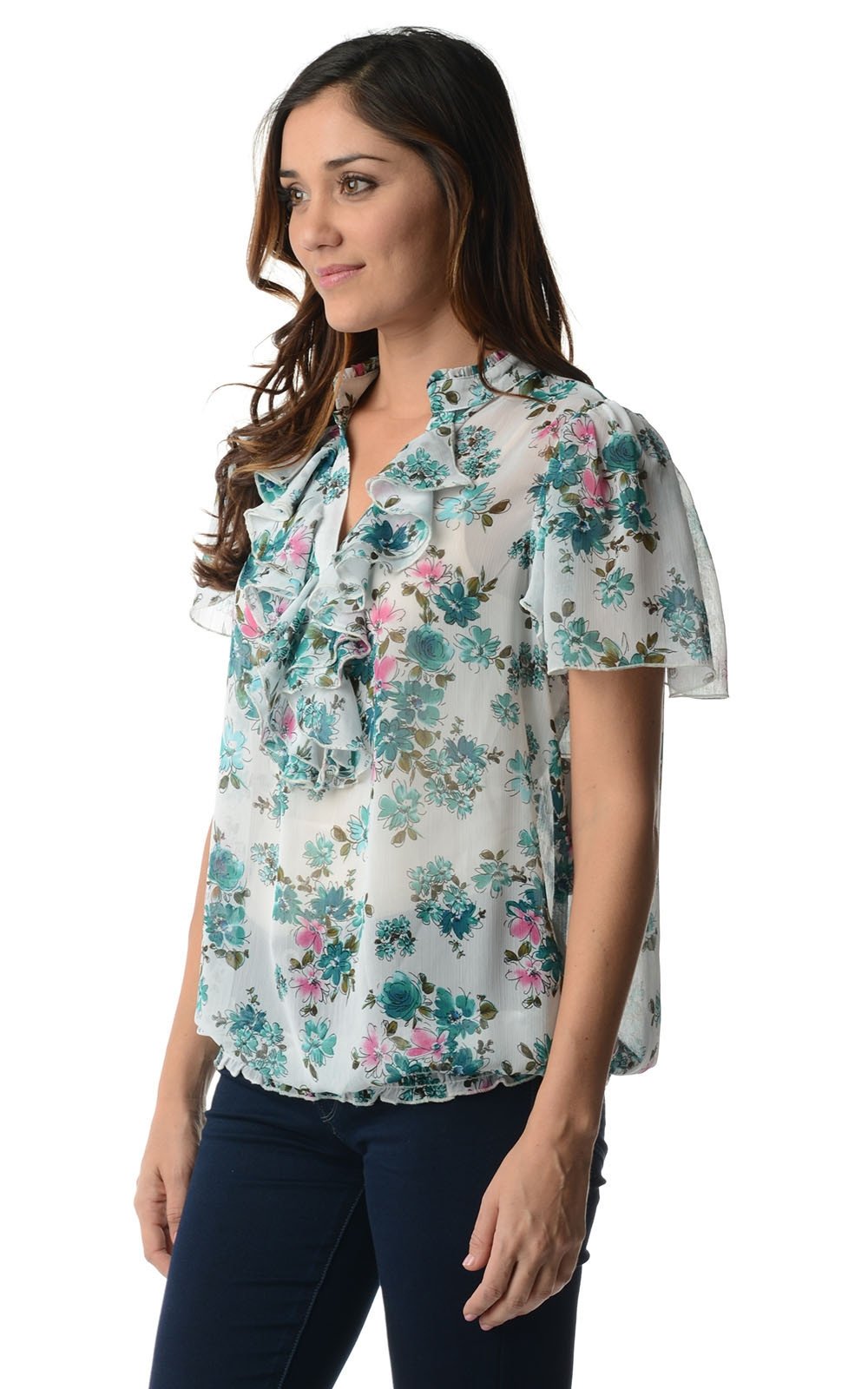 Women's Printed Chiffon Smocked Waist Ruffle Top Tops - Tophatter Daily Deals