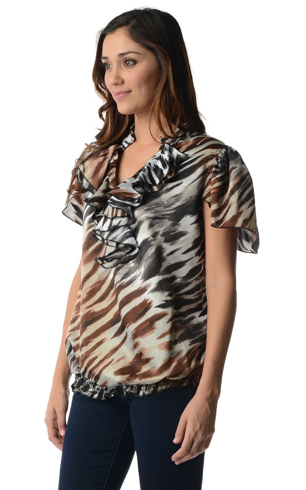 Women's Printed Chiffon Smocked Waist Ruffle Top Tops - Tophatter Daily Deals