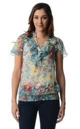 Women's Printed Chiffon Smocked Waist Ruffle Top Aqua Red Yellow Tops - Tophatter Daily Deals