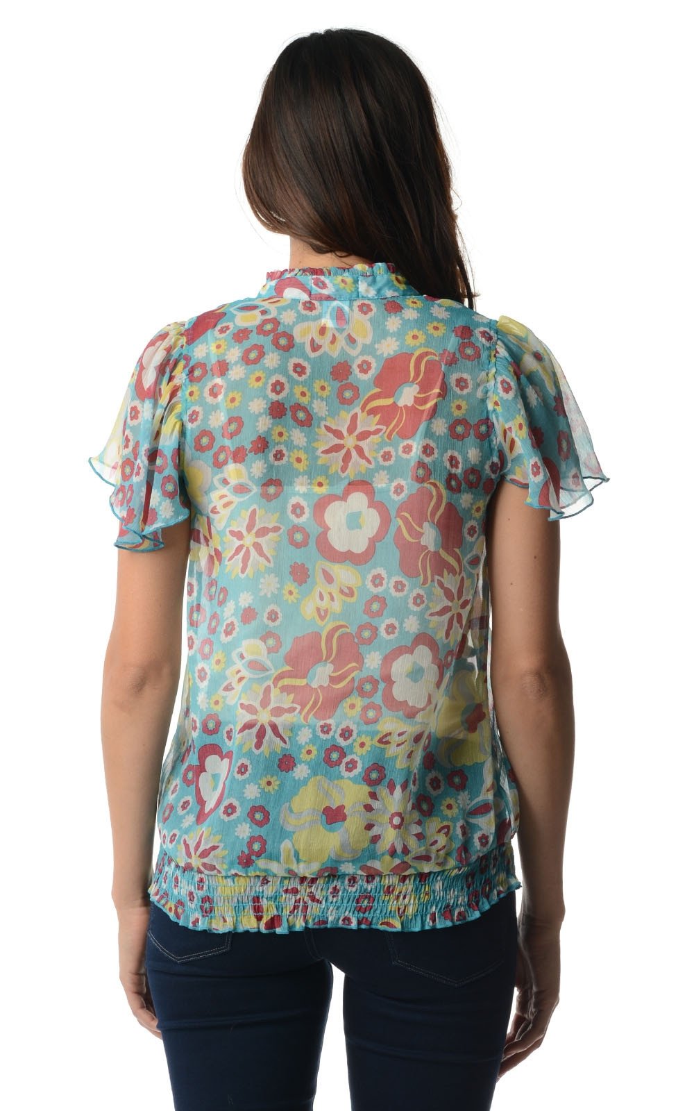 Women's Printed Chiffon Smocked Waist Ruffle Top Tops - Tophatter Daily Deals
