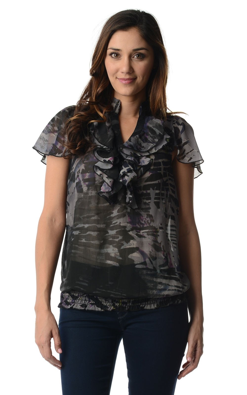 Women's Printed Chiffon Smocked Waist Ruffle Top X-Large Black Grey Charcoal 1 Tops - Tophatter Daily Deals