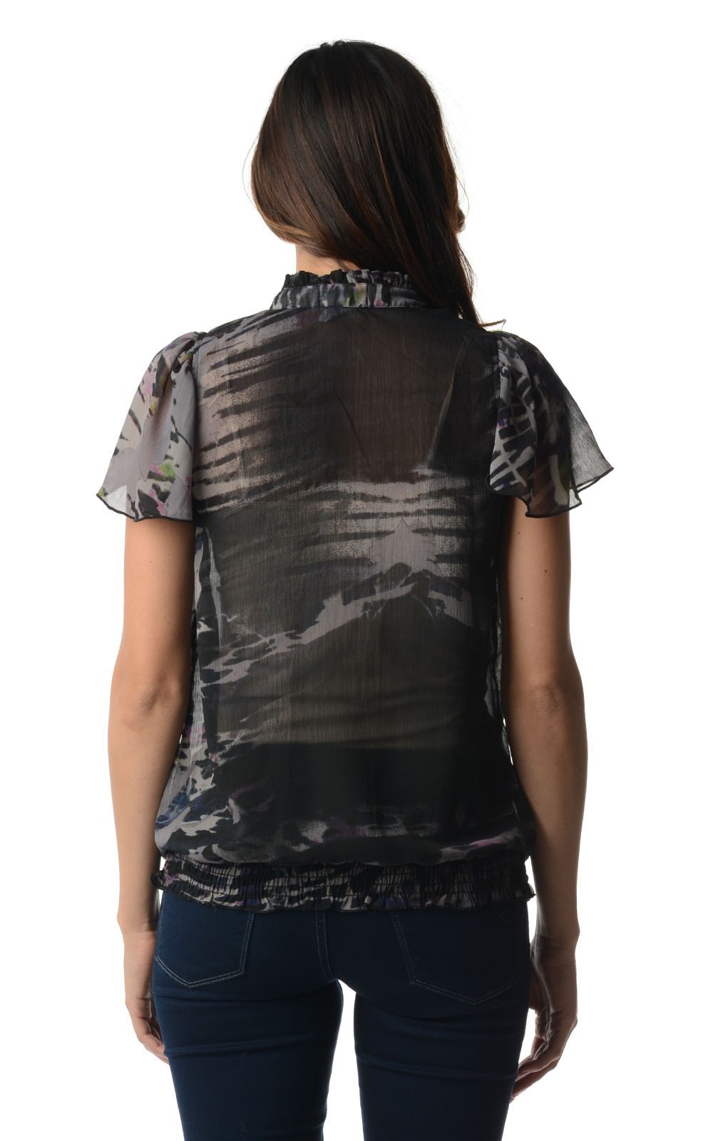 Women's Printed Chiffon Smocked Waist Ruffle Top Tops - Tophatter Daily Deals