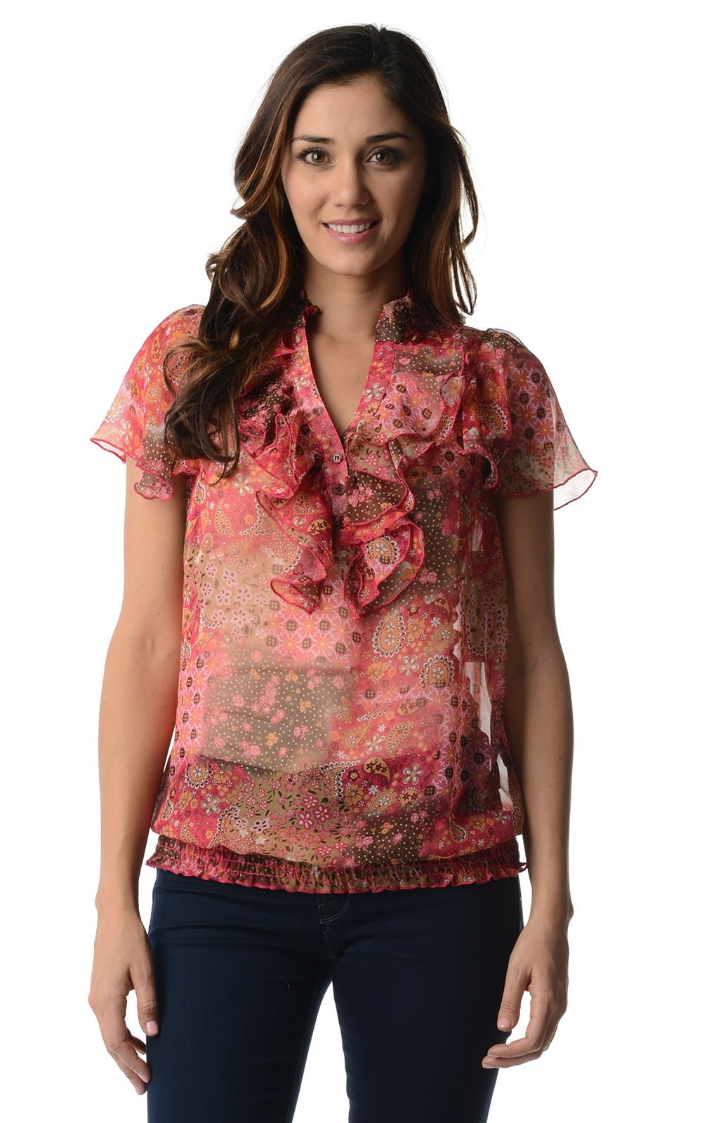 Women's Printed Chiffon Smocked Waist Ruffle Top Pink 1 Tops - Tophatter Daily Deals