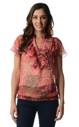 Women's Printed Chiffon Smocked Waist Ruffle Top Pink 1 Tops - Tophatter Daily Deals