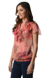 Women's Printed Chiffon Smocked Waist Ruffle Top Tops - Tophatter Daily Deals
