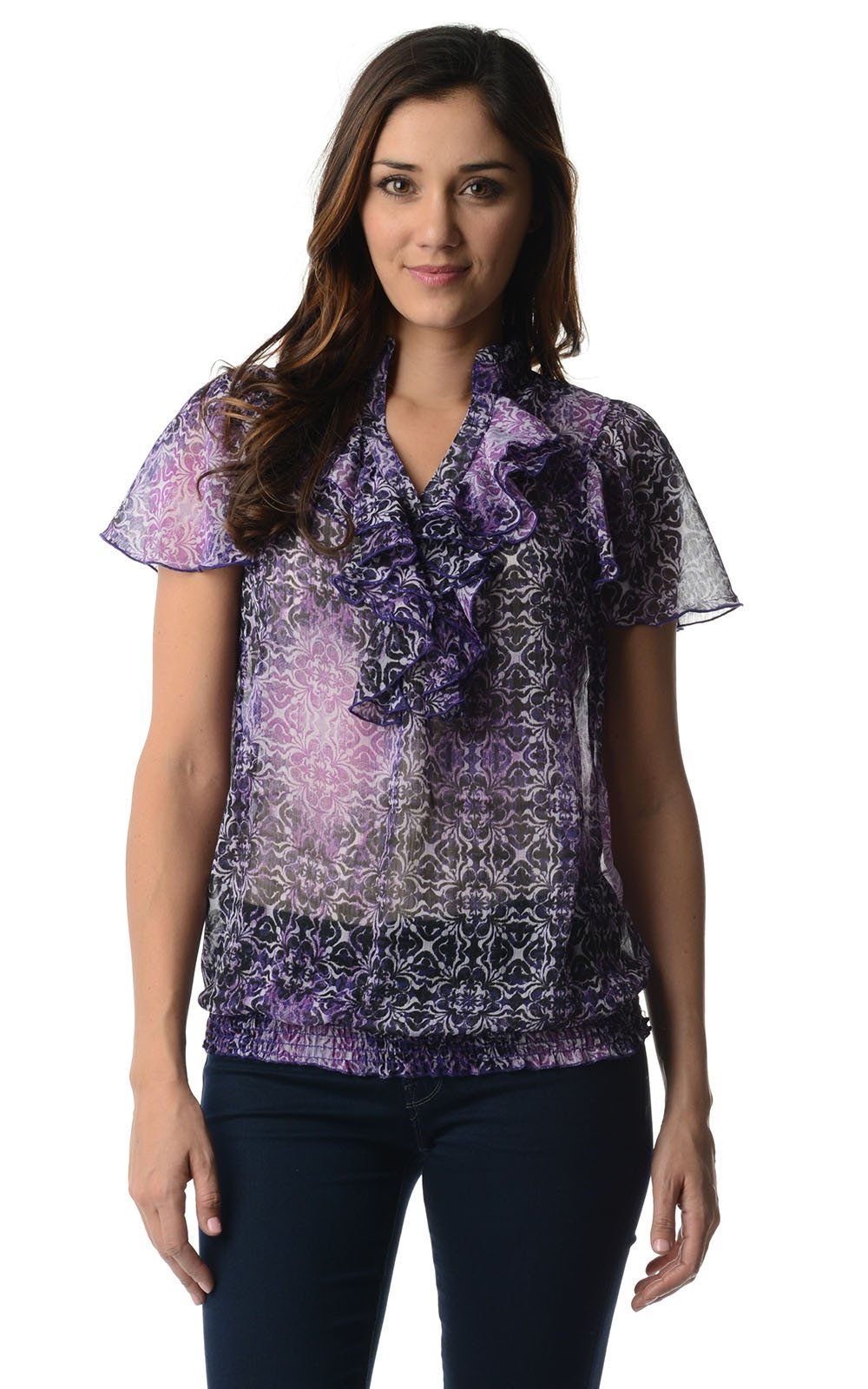 Women's Printed Chiffon Smocked Waist Ruffle Top Purple 1 Tops - Tophatter Daily Deals