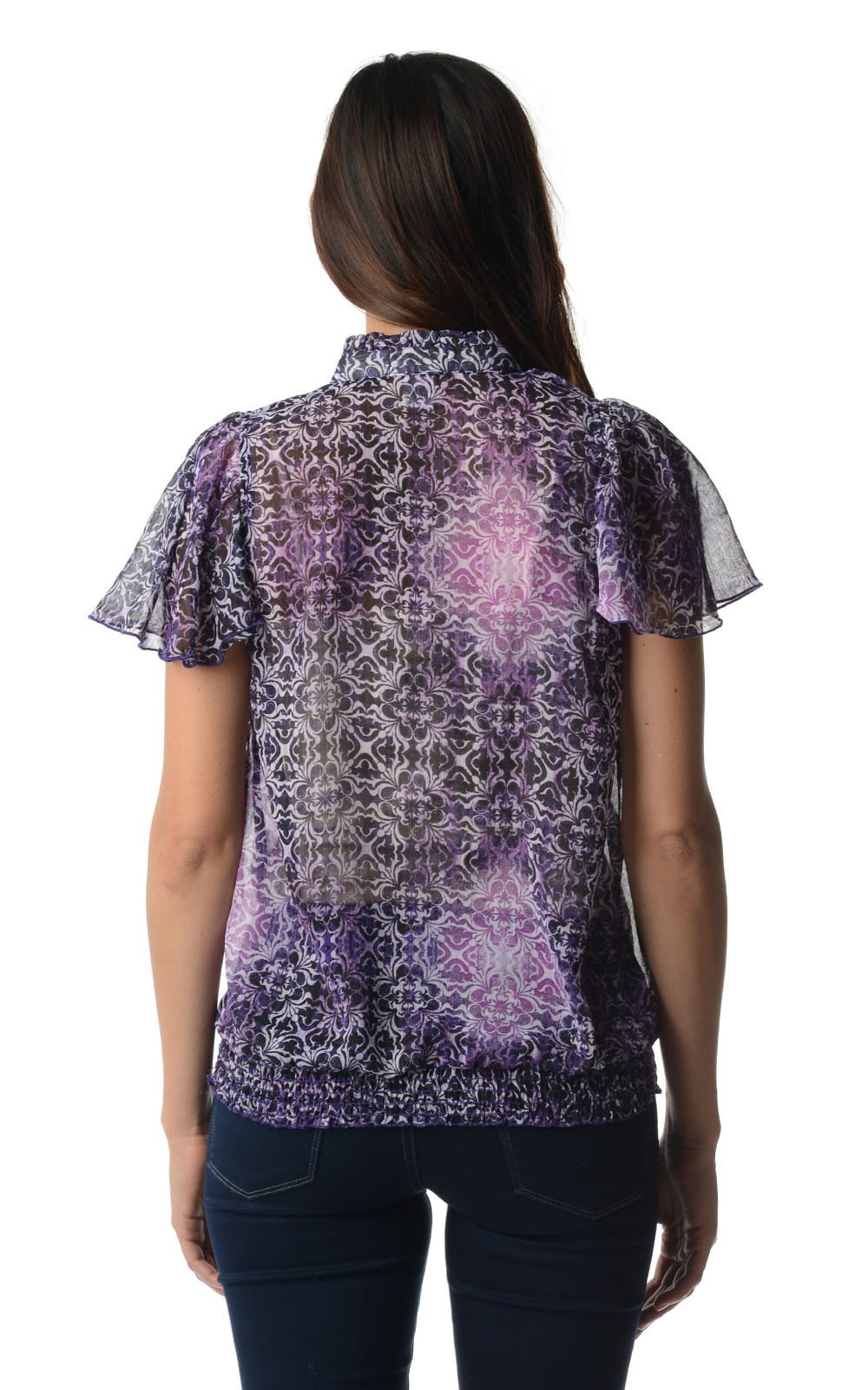 Women's Printed Chiffon Smocked Waist Ruffle Top Tops - Tophatter Daily Deals