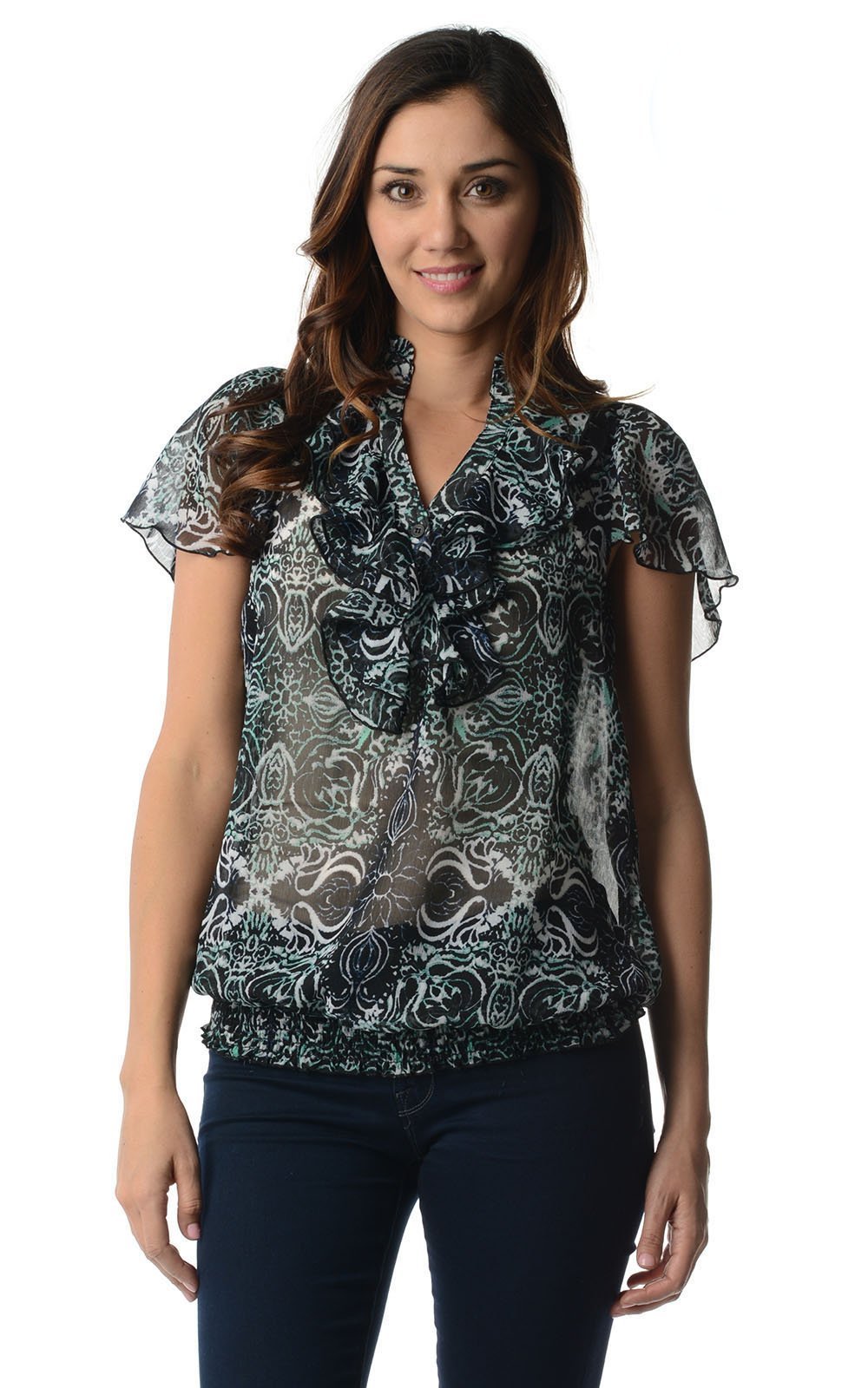 Women's Printed Chiffon Smocked Waist Ruffle Top Black Mint Tops - Tophatter Daily Deals