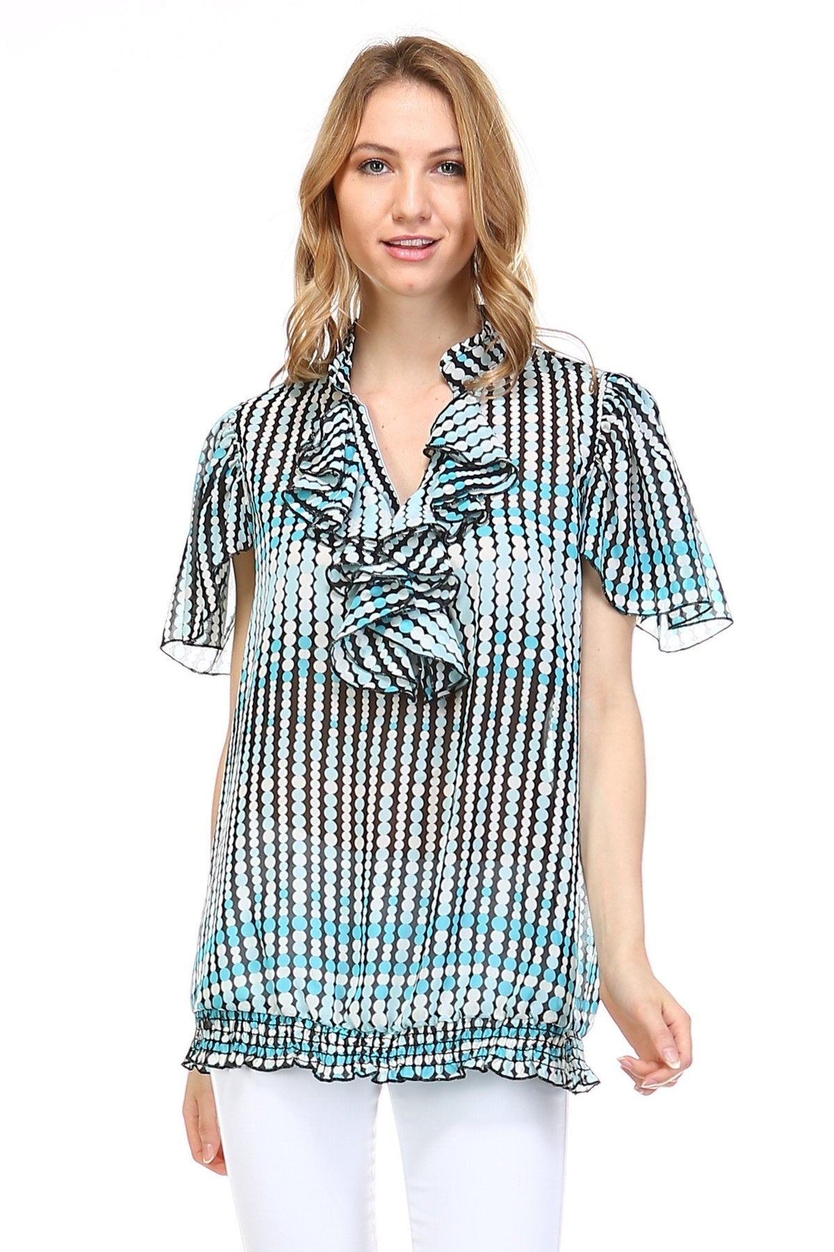 Women's Printed Chiffon Smocked Waist Ruffle Top Aqua White Pink Tops - Tophatter Daily Deals