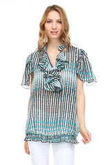 Women's Printed Chiffon Smocked Waist Ruffle Top Aqua White Pink Tops - Tophatter Daily Deals