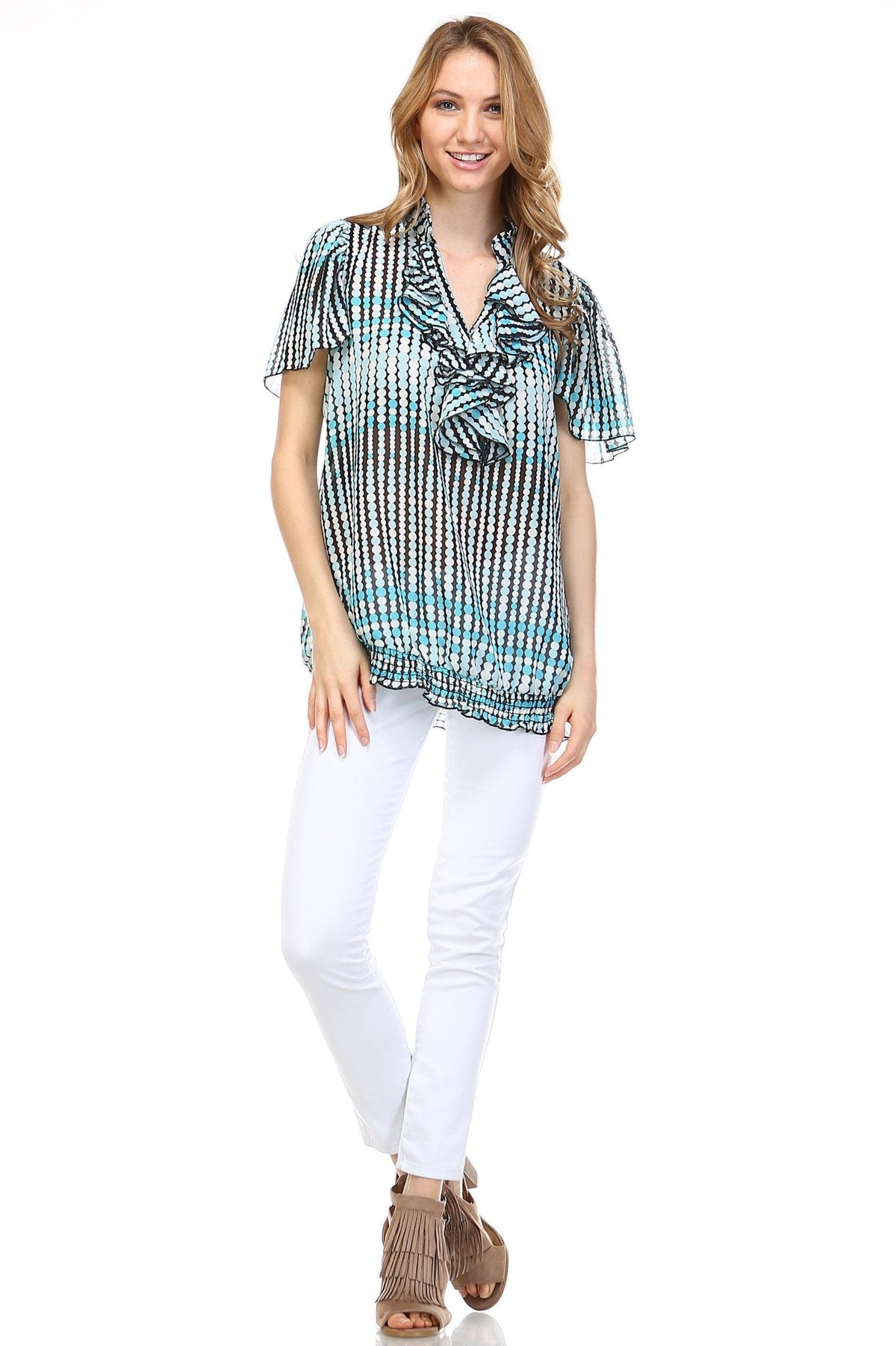 Women's Printed Chiffon Smocked Waist Ruffle Top Tops - Tophatter Daily Deals