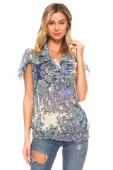 Women's Printed Chiffon Smocked Waist Ruffle Top Blue Silver Tops - Tophatter Daily Deals