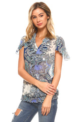 Women's Printed Chiffon Smocked Waist Ruffle Top Tops - Tophatter Daily Deals