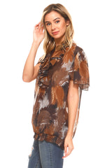 Women's Printed Chiffon Smocked Waist Ruffle Top Tops - Tophatter Daily Deals