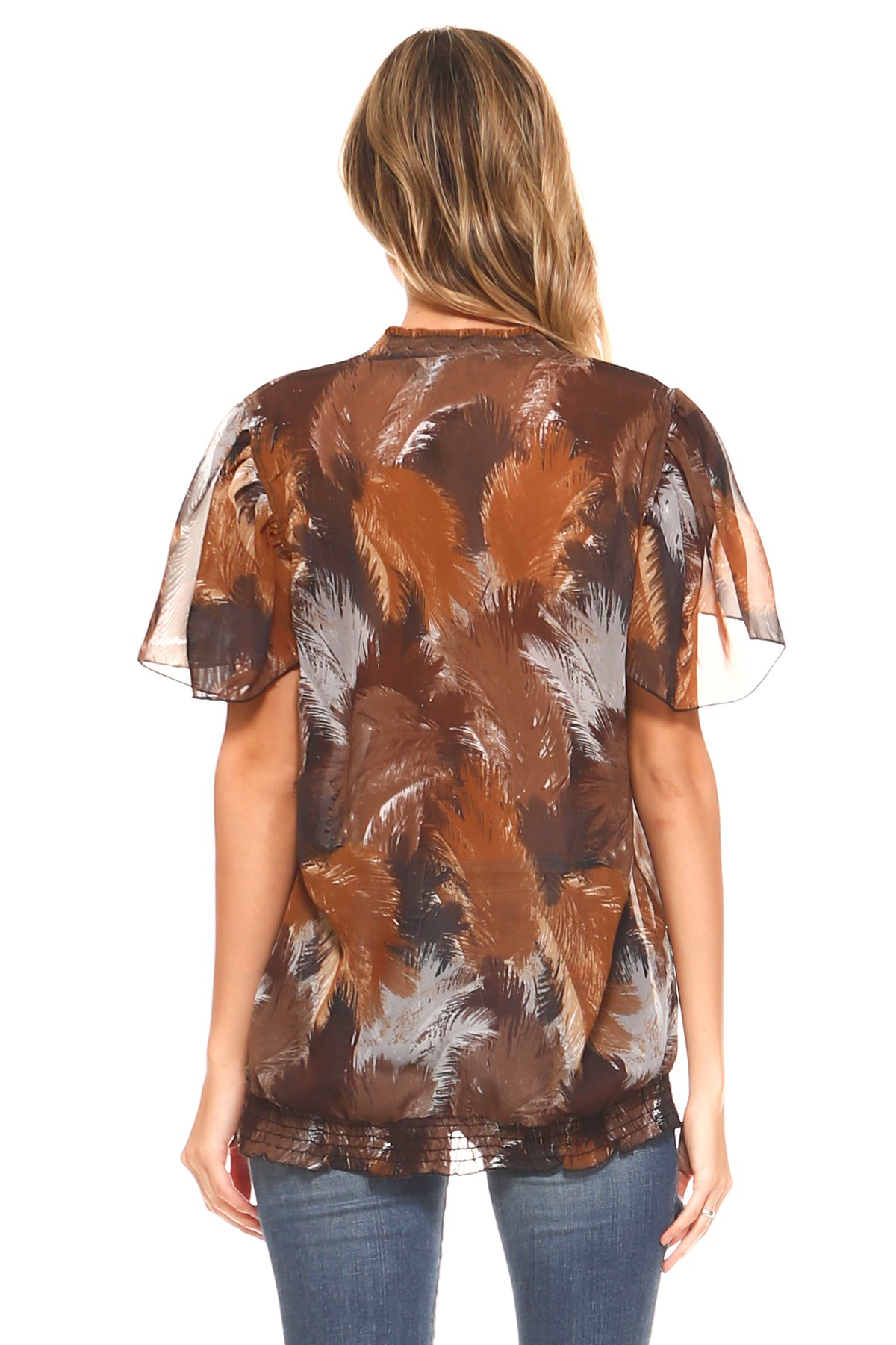 Women's Printed Chiffon Smocked Waist Ruffle Top Tops - Tophatter Daily Deals