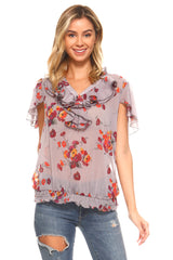 Women's Printed Chiffon Smocked Waist Ruffle Top Mauve Brown Orange Tops - Tophatter Daily Deals