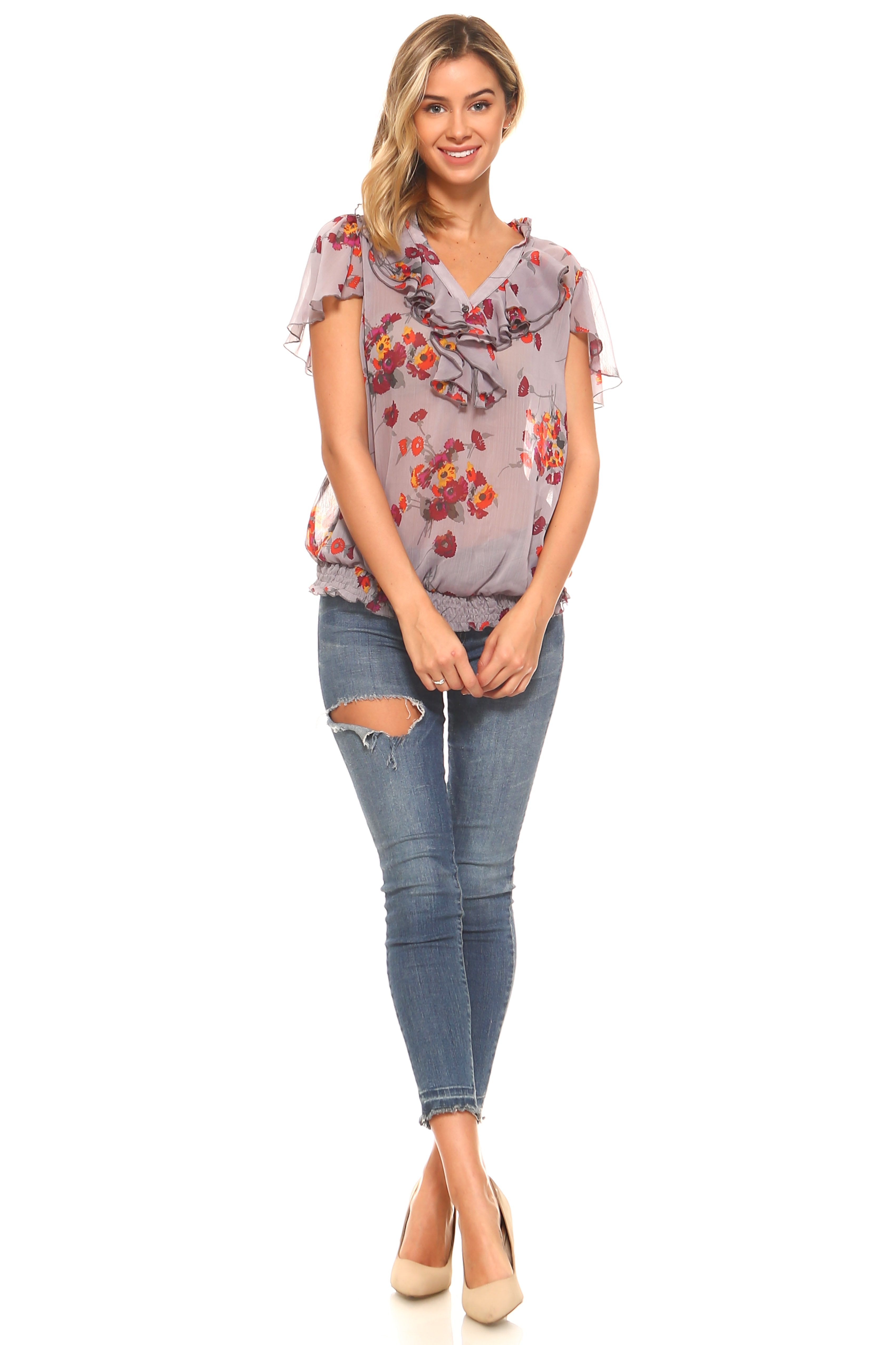 Women's Printed Chiffon Smocked Waist Ruffle Top Tops - Tophatter Daily Deals