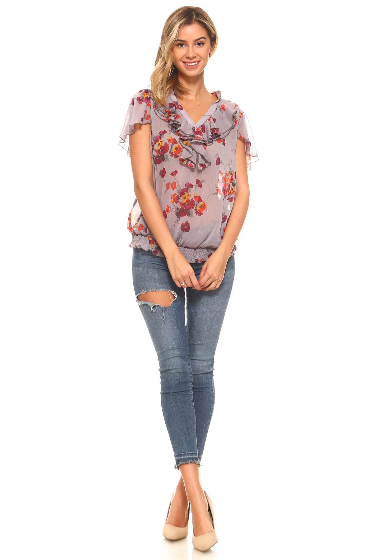 Women's Printed Chiffon Smocked Waist Ruffle Top Tops - Tophatter Daily Deals