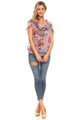 Women's Printed Chiffon Smocked Waist Ruffle Top Tops - Tophatter Daily Deals