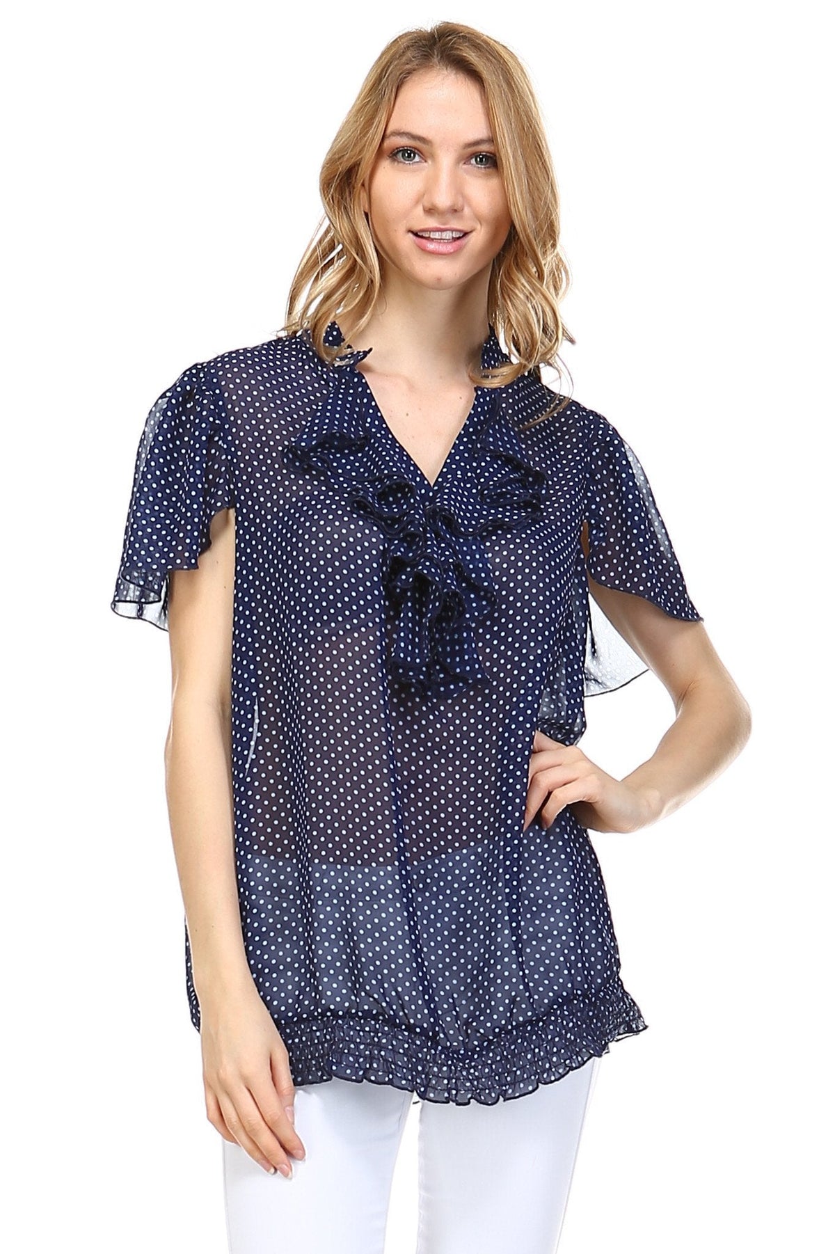 Women's Printed Chiffon Smocked Waist Ruffle Top Navy Off White Tops - Tophatter Daily Deals