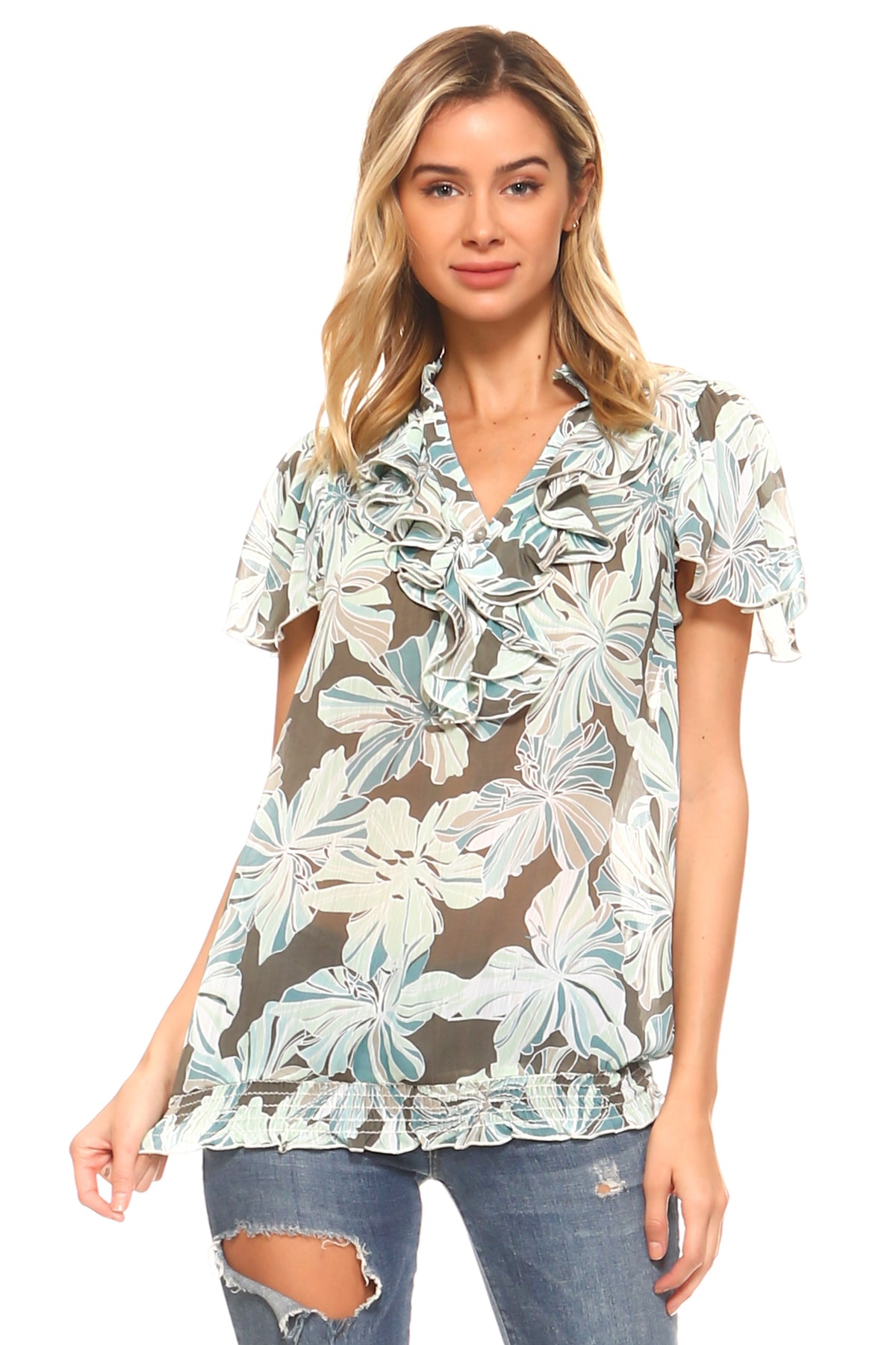 Women's Printed Chiffon Smocked Waist Ruffle Top Sage 1 Tops - Tophatter Daily Deals