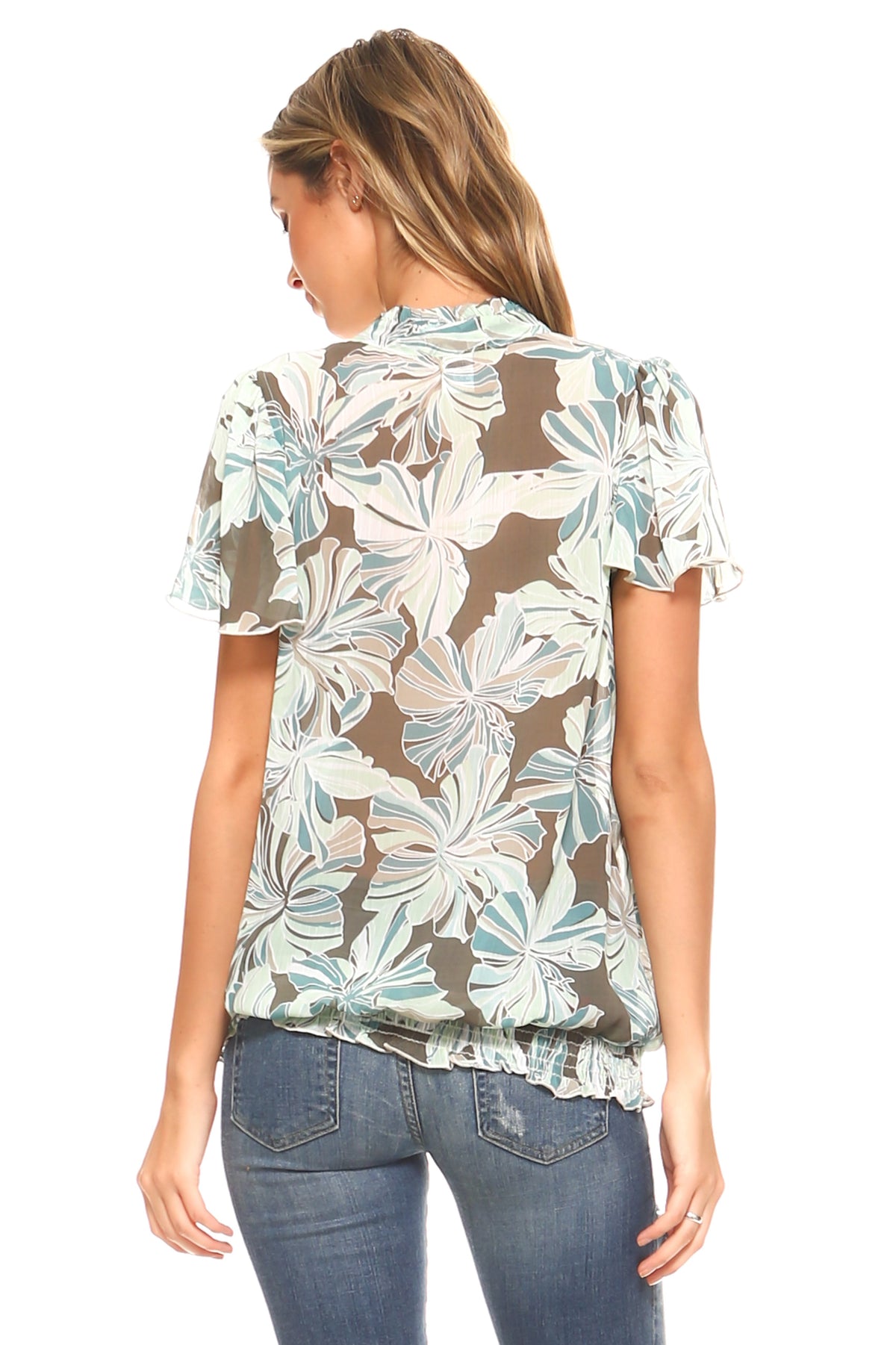 Women's Printed Chiffon Smocked Waist Ruffle Top Tops - Tophatter Daily Deals