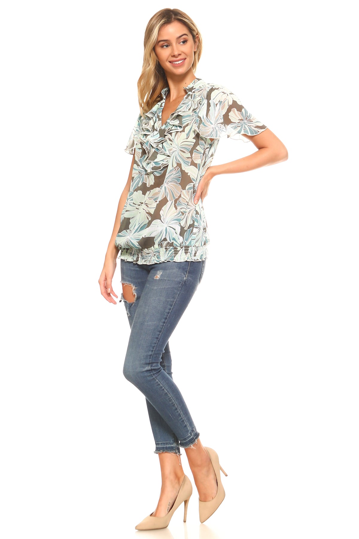 Women's Printed Chiffon Smocked Waist Ruffle Top Tops - Tophatter Daily Deals