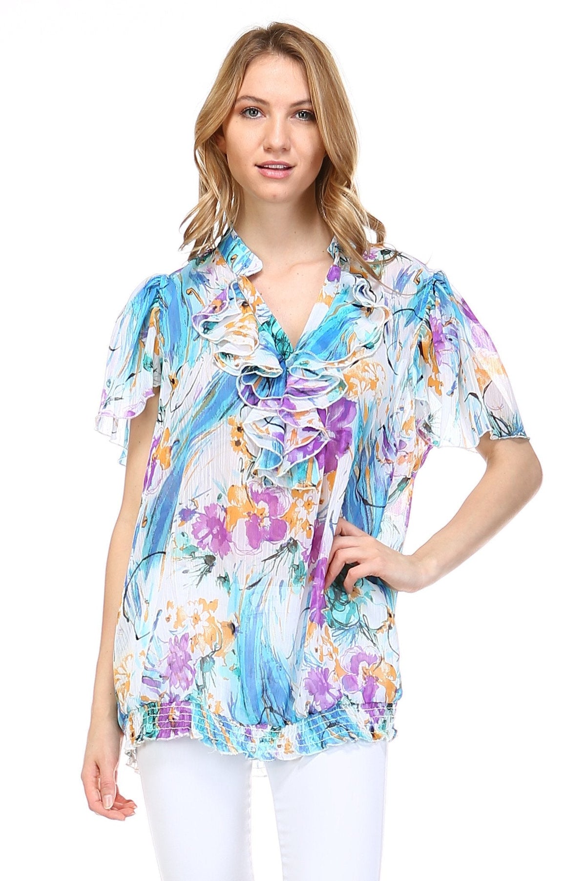 Women's Printed Chiffon Smocked Waist Ruffle Top White Purple Teal Tops - Tophatter Daily Deals