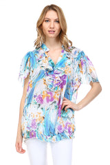 Women's Printed Chiffon Smocked Waist Ruffle Top White Purple Teal Tops - Tophatter Daily Deals
